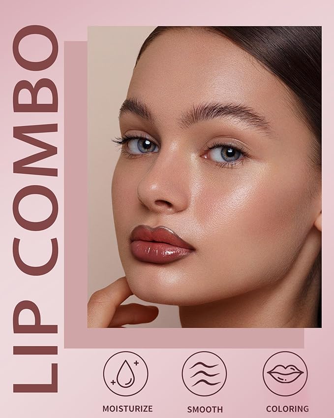 3Pcs Hydrating Lip Gloss with Brown Lip Liner Combo Set,Plumping Lip Liner Moisturizing Nude Tinted Lips Glow Oil,Lightweight Non Sticky Liquid Lipstick Women Lipstain Makeup Long Lasting Lipgloss -01