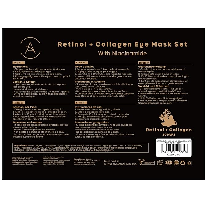 AURAE Retinol & Collagen Under Eye Patches (30 Pairs) - For Dark Circles & Puffy Eyes - Eye Care Mask
