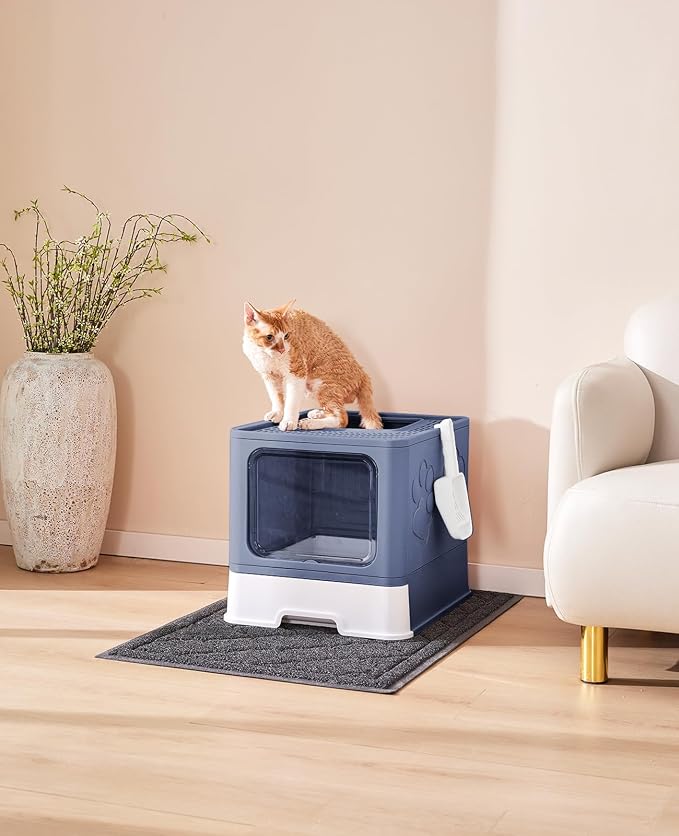 Medario Cat Litter Box with X-Large Litter Mat and Scoop(Upgrade Midnight) | Large Covered Litter Box with Lid, Enclosed Kitty Box,Front Top Entry Exit, Odor Control Easy to Clean
