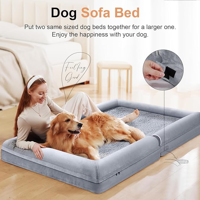 Orthopedic Dog Bed for X-Large Dogs, 40 x 32 Inch, Light Grey | Egg crate foam for joint support, 3-sided bolster pet sofa, waterproof lining, washable cover, and non-skid base