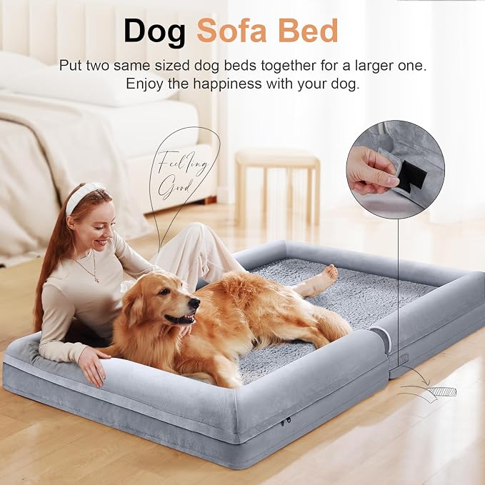Orthopedic Dog Bed for Large Dogs, 36 x 27 Inch, Light Grey | Egg crate foam for joint support, 3-sided bolster pet sofa, waterproof lining, washable cover, and non-skid base