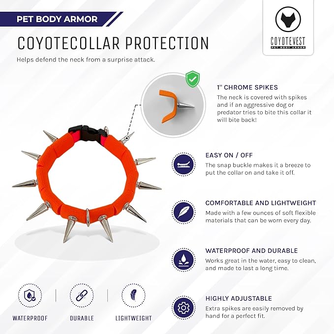 CoyoteCollar Spike Dog Collar, Adj/Replaceable Spikes, Small, Orange