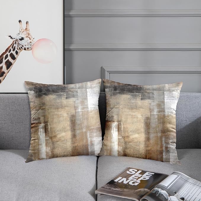 Throw Pillow Covers Set of 2, 18 x 18 Inch, Grey Brown Beige | Abstract Modern Art Outdoor Decorative Square Pillow Cases Couch Cushion Case for Couch Bed Sofa Living Room Home Decor
