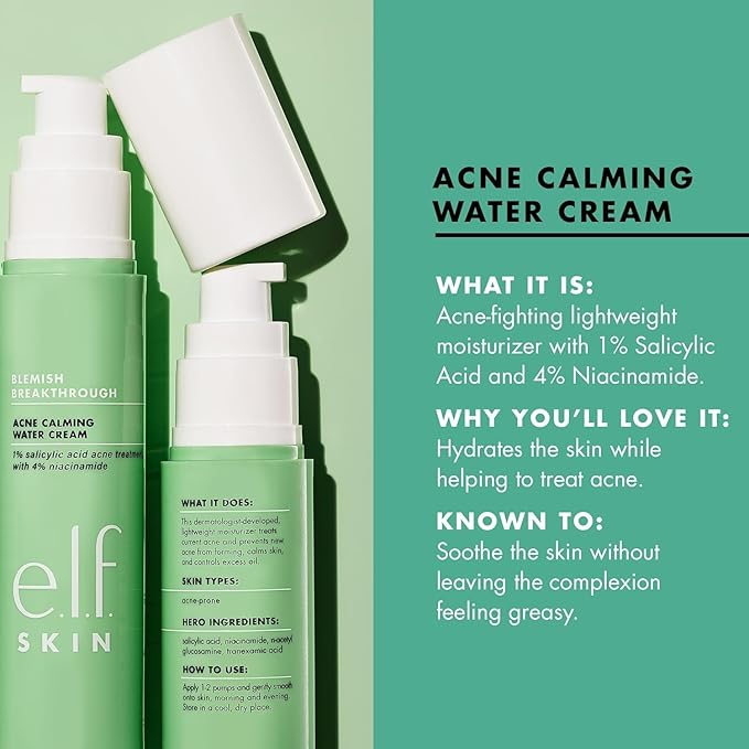 e.l.f. SKIN Blemish Breakthrough Calming Water Cream, Lightweight Blemish-Fighting Face Moisturiser, Prevents New Blemishes & Calms Skin