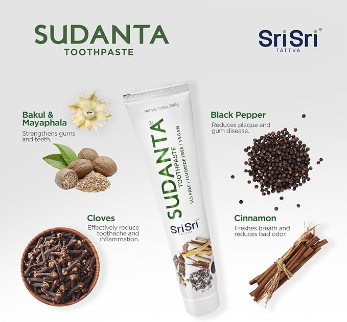 Sri Sri Tattva Sudanta Herbal Toothpaste – SLS Free & Fluoride Free Natural Ayurvedic Toothpaste for Strong Teeth, Healthy Gums & Oral Care – 200g (1 Pack)