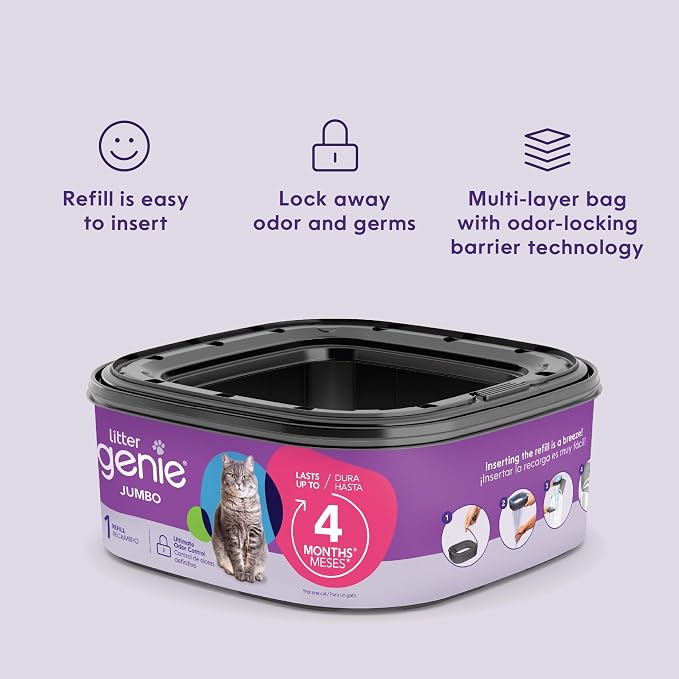 Litter Genie Jumbo Refill Bags, 2-Pack, 56 ft of Continuous Film | Long-lasting multi-layer refill film with odor-locking technology provides up to 8 months of cat litter disposal for one cat.