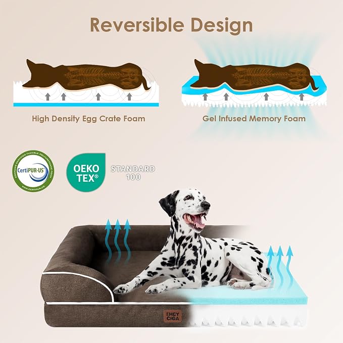 EHEYCIGA Orthopedic XXL Dog Bed, Waterproof Washable XL Big Pet Bed 52" | Non-Slip Bottom and Egg-Crate Memory Foam Extra Large Pet Couch Bed with Washable Removable Cover, Brown