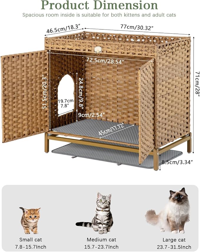 SETVSON Cat Litter Box Enclosure Furniture, Rattan PE Kitty House, Natural | Handwoven PE Rattan with 2 Soft Mats, Heightened Metal Feet, 2 S-Hooks, 30.3 x 18.3 x 28 In Spacious Interior Kitty Cabinet