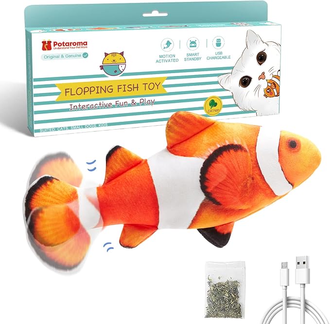 Potaroma Cat Toys Flopping Fish with SilverVine and Catnip | Moving Kitten Kicker, Floppy Wiggle Clownfish for Small Dogs, Motion Kitty Interactive Exercise, 10.5 Inches