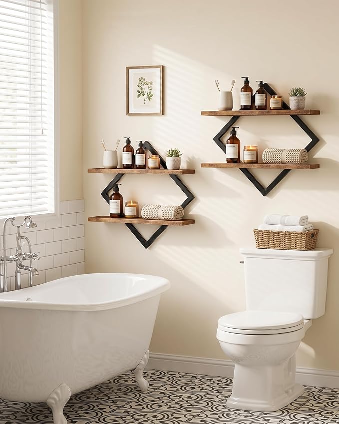Floating Shelves, Set of 2 Wall Shelves, 2-Tier Hanging Shelves, Wall Shelf Set of 2, Wall Mounted Shelves, for Living Room, Bedroom, Kitchen, Office, Study, Rustic Brown TBJ01P2BF