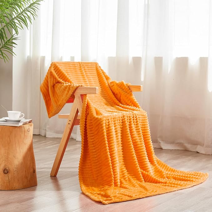 Vessia Flannel Fleece King Size Bed Blanket(108x90 inch), 300GSM Orange Striped Bed Blanket for Adults, Super Soft Warm Cozy Lightweight Ribbed Decor for All-Season