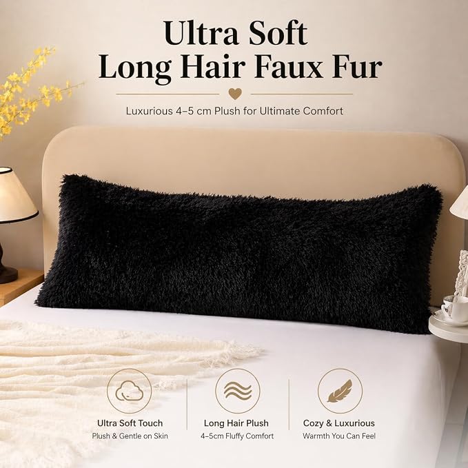 REAFORT Long Hair Faux Fur Body Pillow Cover 21"x54", Hidden Zipper (Black) | Ultra-soft long hair faux fur with a hidden zipper offers luxurious comfort and is machine washable for easy care.