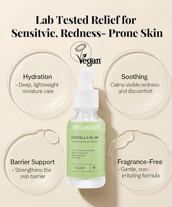 Centella Asiatica Serum Korean - Redness Corrector for Face - 38% Cica Leaf Water and Madecassoside - Ph Balanced - Barrier Support - Lightweight Calming - Rosacea Skincare Serum - Centella Ampoule