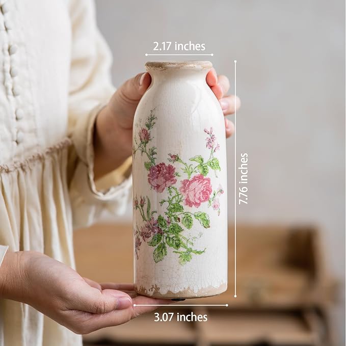 Teweiqi Ceramic Rustic Farmhouse Vase, Distressed Floral Pattern, Holds Water, With Handle, 7.8 inches