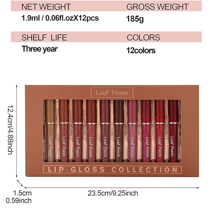 Lip Gloss Set with Glossy and Soft Brush Non-Sticky Moisturizing Lipgloss for Women Lip Makeup Collection (12 Pcs)