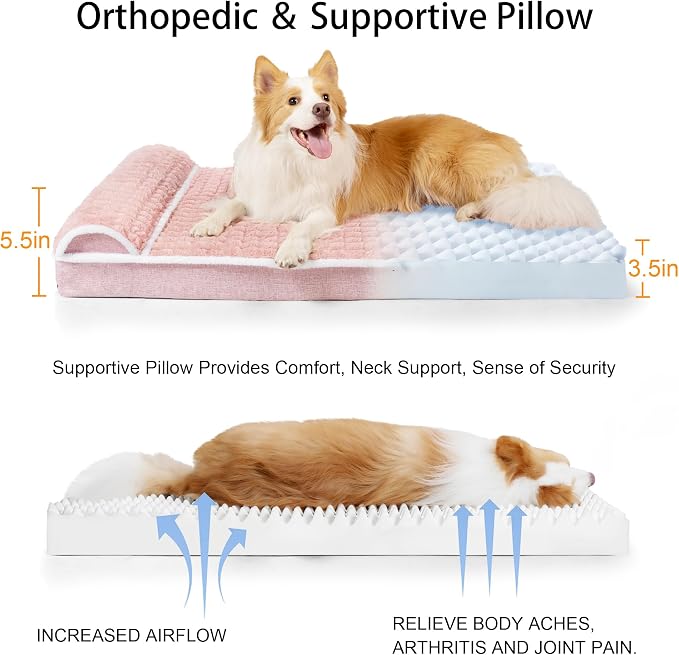 Orthopedic Large Dog Bed Pillow Pet Sofa Bed 42''X28'' Pink | Egg-Crate Foam Pet Couch Large Sized Dog, Waterproof Removable Washable Cover,Furry Puppy Crate Mat With Nonskid Bottom