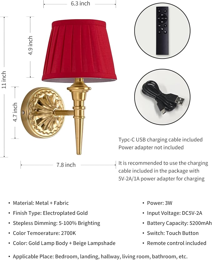 KDG Cordless Gold Wall Sconces Set of 2, Red Fabric Lampshde Wall Lamps | Small LED Wireless Portable Rechargeable Battery Lighting for Wall Painting, Living Room, Bedroom, Hallway, Gifts, Nightlight