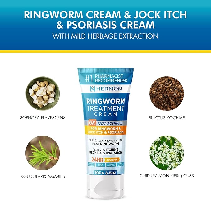 Hermon Powerful Antifungal Ringworm Cream - Effective Treatment for Stubborn Ringworm, Jock Itch, Eczema, Tinea Versicolor, Athlete's Foot - for Adults and Kids - 100ml