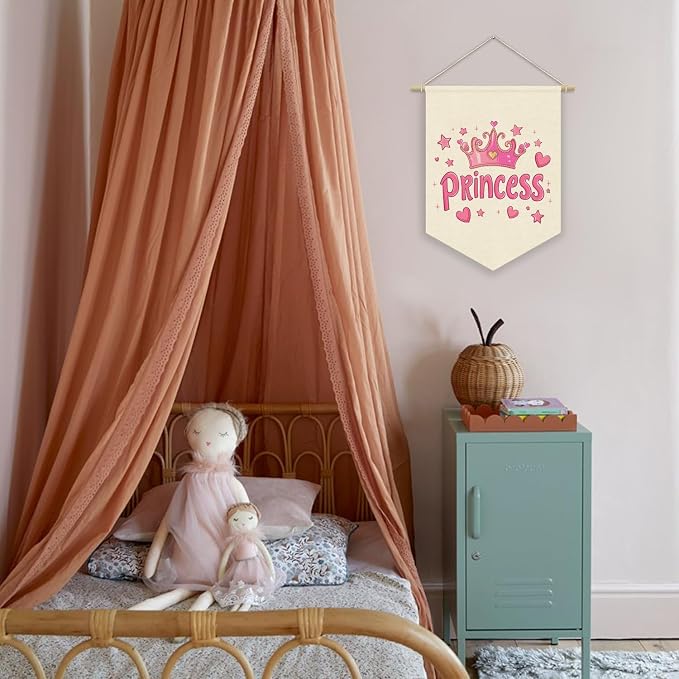 Princess Room Decor for Girls Bedroom, Pink Cute Princess Crown Linen Pennant Banner for Baby Girl Nursery Wall Hanging, Playroom Toddler Room Decorations 15x11 Inch