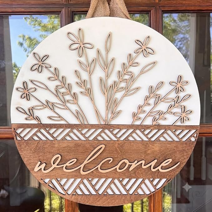 3D Wooden Welcome Sign for Front Door, Boho Rustic Round Door Hanger, Modern Farmhouse Wall Decor, Housewarming Gift for New Home, Porch & Fence Decoration for Spring, Summer, Fall and All Seasons