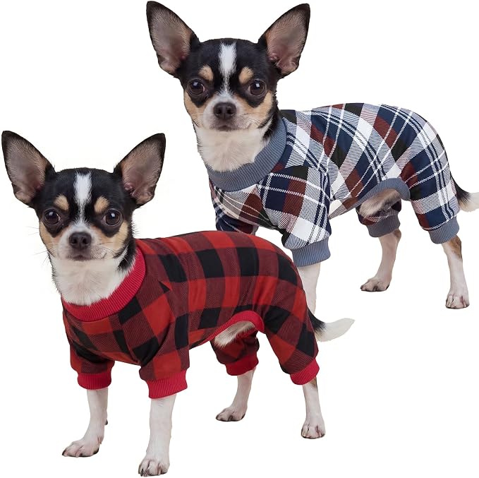 XPUDAC 2 Pack Plaid Dog Pajamas for Small Sized Dog, 4-Way Stretch Soft Pet Onesie Lightweight Warm Pet Clothes Jammies for Small Breeds, L