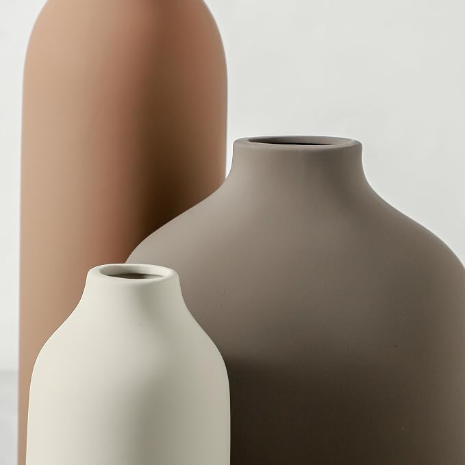 Enra Ceramic Vase Set of 3, Modern Minimalist Vases for Home Decor | Warm matte finishes in three sizes, perfect for pampas grass, dried stems, shelves, mantels and tabletop styling.
