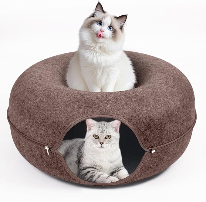 Cat Caves for Indoor Cats, Large Cat Tunnel for Multiple & Large Cats, Scratch Detachable Cave Bed, Kitten Donut Kitty Hideaway Up to 45 Lbs (Brown, Large, 1 Pack)