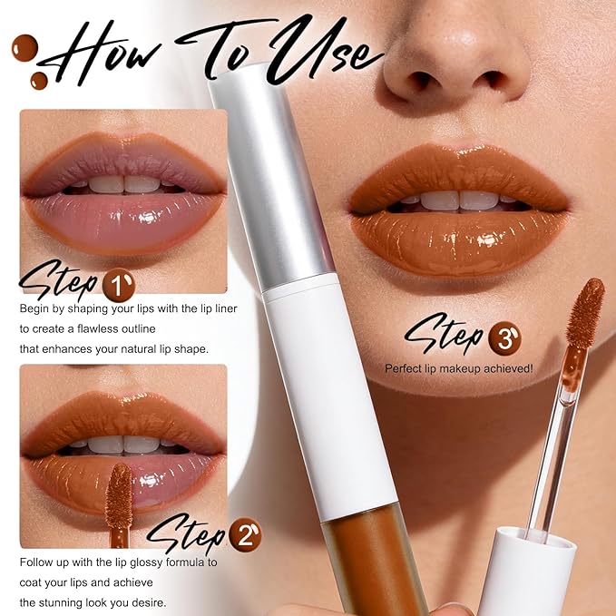 Dual-Head Lip Liner and Gloss Pen, Moisturizing Smooth Long Lasting Waterproof Smudge Proof for Perfectly Defined Lips and Glossy Finish Ideal for Makeup Lovers 04