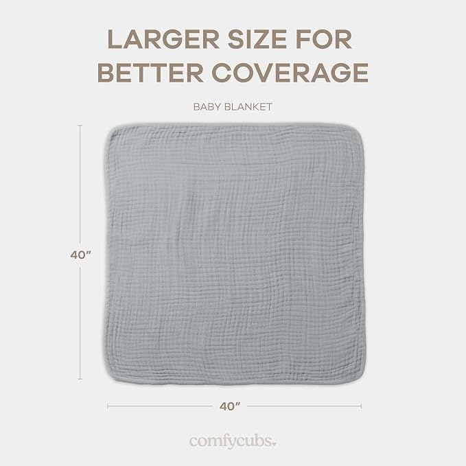 Comfy Cubs Muslin Baby Blanket 40" x 40" L - Swaddle Blankets, Heather Blue | Soft, Lightweight, 6-Layer Cotton Breathable Baby Blankets - Comfortable, Gentle & Versatile Cotton Baby Blankets for Sleep