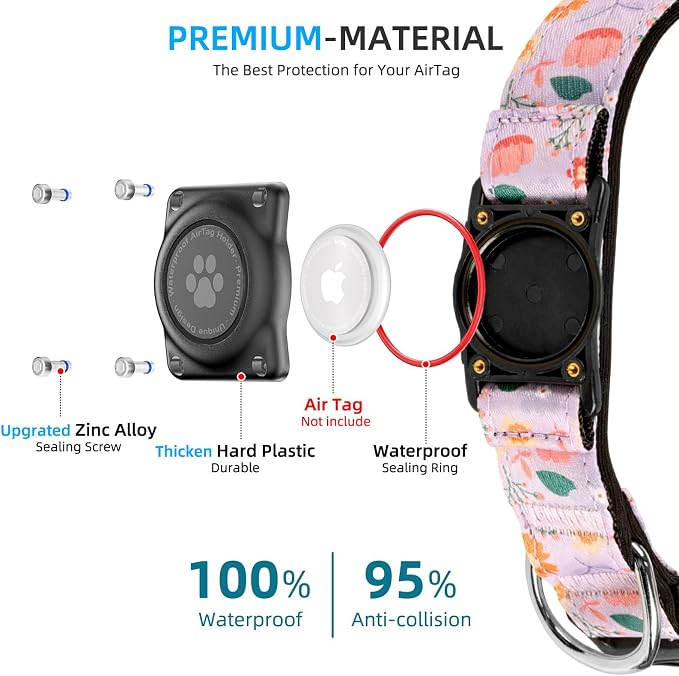 Upgrade Dog Collar with AirTag Holder, IP68 Waterproof, Lavender Garden, M | Built-in Water Resistant AirTag holder, 1000D Nylon, Reflective Stitching for Night Visibility, Soft padding for Comfort