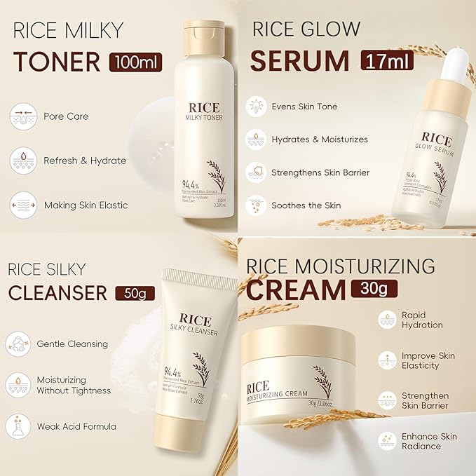 Rice Skincare Set for Teen Girl Gifts Birthday - Skin Care for Teens 10-12 - Hydrating Skin Care Routine Kit for Women - Gifts Birthday Facial Kit for Women - Skin Care Set with Cleanser,Serum