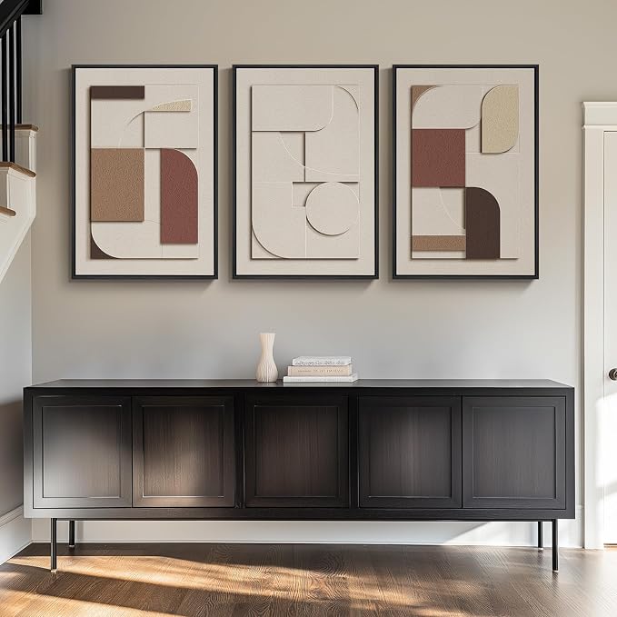 Large 3D Textured Framed Neutral Abstract Wall Art, Beige Brown Geometric Paintings Artwork for Walls, 3 Piece Modern Minimalist Earth Tone Pictures for Living Room Dining Bedroom Wall Decor 20x30 In
