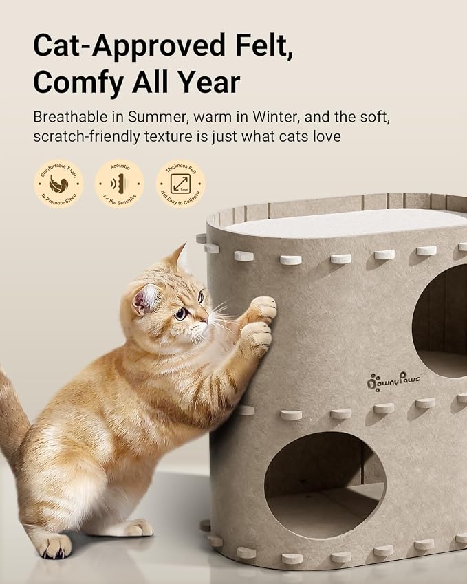 DownyPaws Cat House for Indoor Cats, 2-Storey Cat Bed Cave, Cream | Cat Hideaway Enclosed Bed,Cave Hideout Fort,Kitten Houses for Large Cats,Hide Box Bed Multicats Scratch Resistant