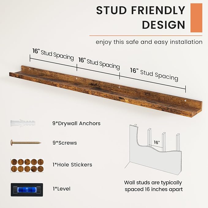 Picture Ledge Shelf, Long Floating Shelves for Wall, 52" W Set of 2, Brown | FSC Certified Engineered Wood, Wall Mounted Bookshelf, for Nursery Living Room Bedroom, Easy Install