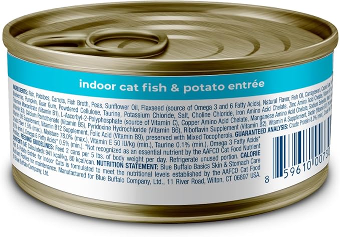 Blue Buffalo Basics Fish Adult Grain-Free Wet Cat Food, 3 oz, 24 ct | Skin & Stomach Care, Real Fish #1 Ingredient, Limited Ingredient Diet, Antioxidant-Rich LifeSource Bits, Skin & Coat Health