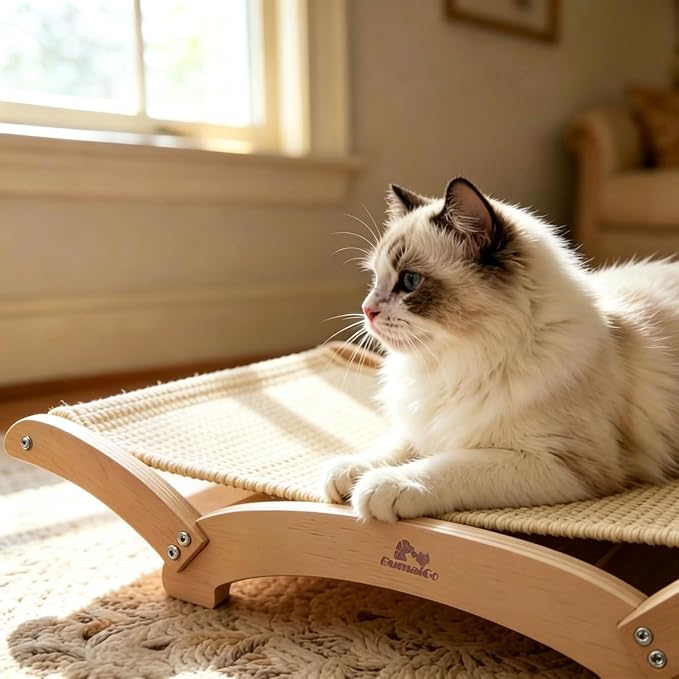 Extra-Large Sisal Cat Scratcher Bed for Indoor Cats, Cat Scratching Post with Hammock Nartural Sisal Scratch Pad for Large Cats Scratcher Lounge Chair, Wooden Cat Furniture (Light Nartural)