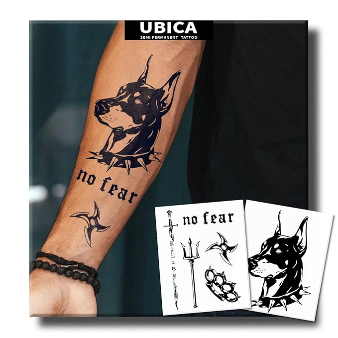 2 Weeks Realistic Dog Head Temporary Fake Tattoos For Men Arm Hand Neck, Large Black Darts Sword Fork Semi Permanent Tattoo For Adults, Waterproof and Non-Reflective, 2 Sheets