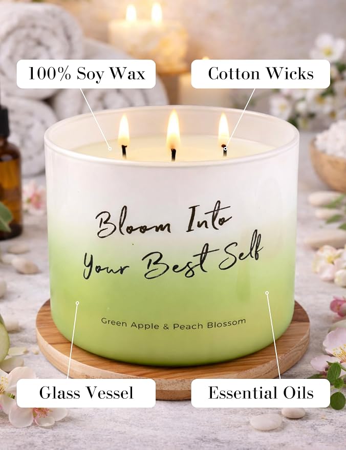 Green Apple Peach Blossom Scented Soy Candle | Large 3 Wick Candle for Home, 15.8 oz | Fresh Fruity Aromatherapy Candle | Birthday, Graduation & Self-Care Gifts for Women | Candles for Women & Men
