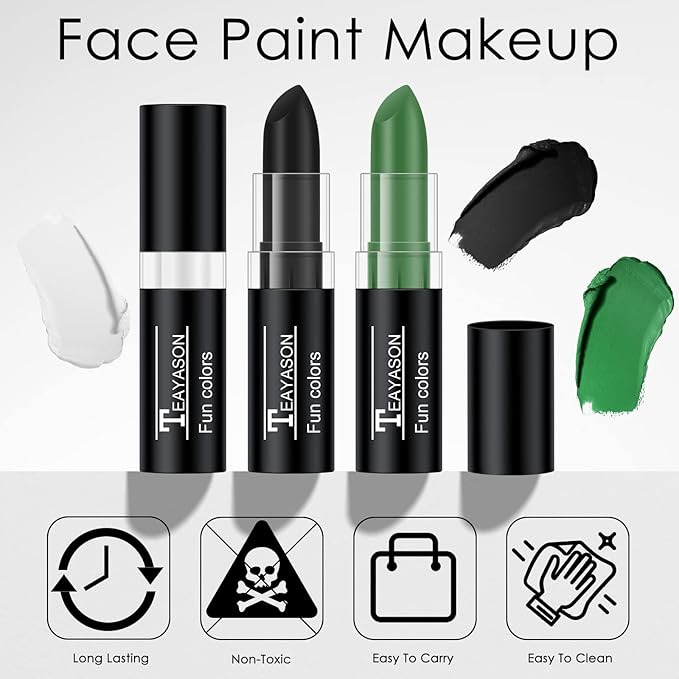 3 Colors White Black Green Face Body Paint Stick, Eye Black Lipstick Face Paint for Baseball/Football/Halloween/Costume Parties Accessories Vampire/Witch/Clown Makeup Face& Body Paint