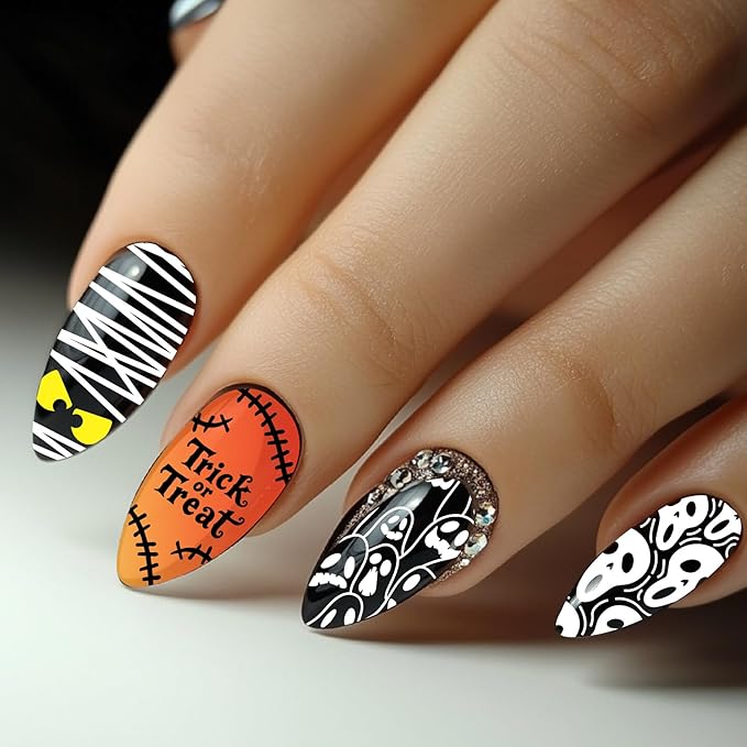 Arbuya Halloween Nail Art Stamping Plates Set of 3 - Mummy, Pumpkin, Bats, Skull, Blood Drops & French Tips - Stainless Steel Manicure Art Tools for DIY Print Manicure Salon Design Gift Supplies