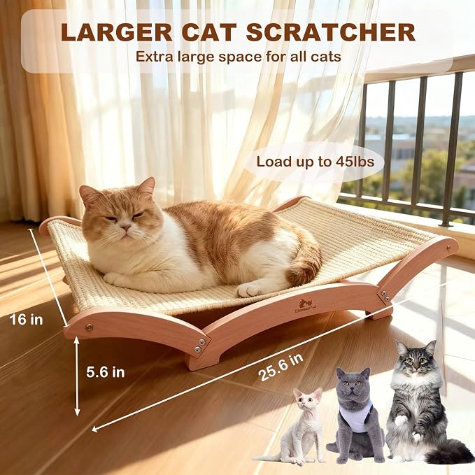 Extra-Large Sisal Cat Scratcher Bed for Indoor Cats, Cat Scratching Post with Hammock Nartural Sisal Scratch Pad for Large Cats Scratcher Lounge Chair, Wooden Cat Furniture (Nartural)