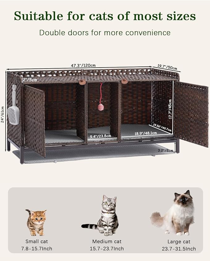 SETVSON Cat Litter Box Enclosure for 2 Cats, Litter Box Furniture, Brown | Beautiful Decorative Furniture Look, Sturdy Iron Frame, 3.2" Heightened Feet, Double Mats, S-Hooks Included, Double Doors