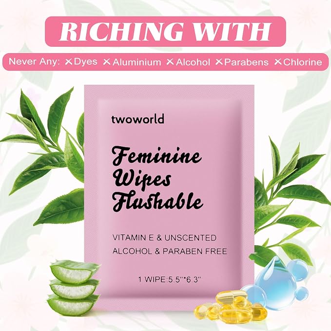 twoworld 100 Feminine Wipes Individually Wrapped,Flushable Wipes Travel | Feminine Care Vaginal Wipes for Adult,Women,Girl and Homeless(Unscented)