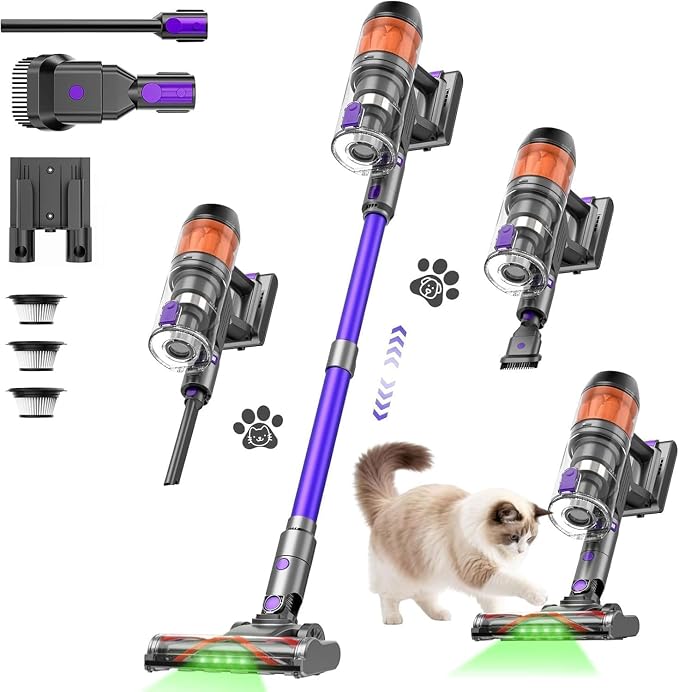 Cordless Vacuum Cleaner, 500W 40KPa 60Mins Vacuum Cleaners for Home, Anti-Tangle Rechargeable Vacuum with Green Light Wireless Vacumm for Pet Hair/Carpet/Hardwood Floor Purple