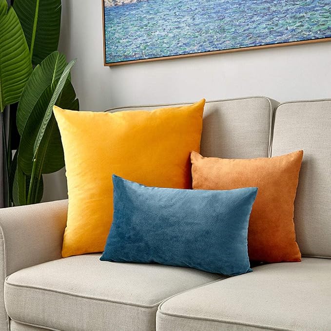 3-Piece Coordinated Throw Pillow Bundle – Well Picked Colors of Blue Yellow and Orange Velvet Throw Pillow Covers and Inserts Included