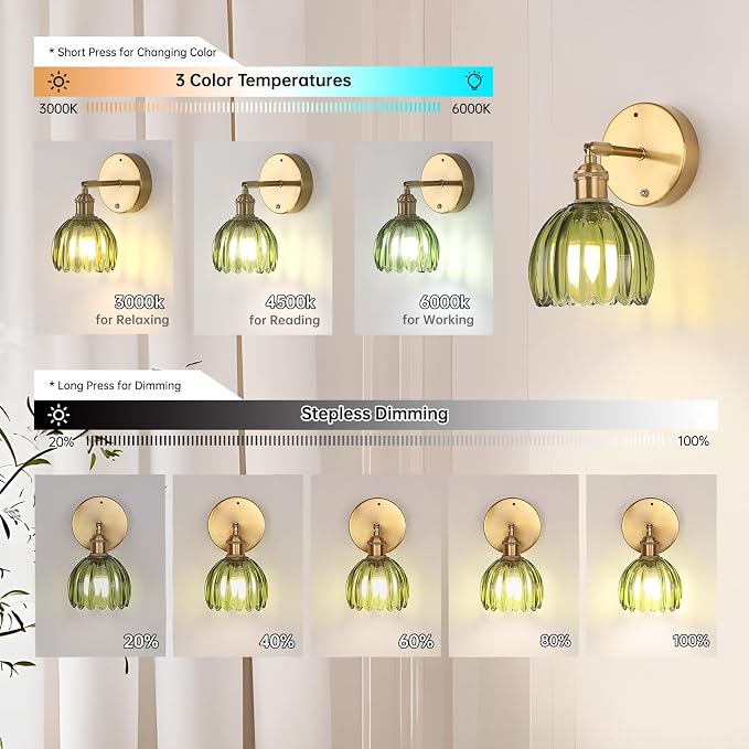 Shenmoyl Battery Operated Vintage Wall Sconces with Green Tulip Glass Lampshade Battery Powered Wall Lighting for Bedside Bedroom Doorway, Set of 2