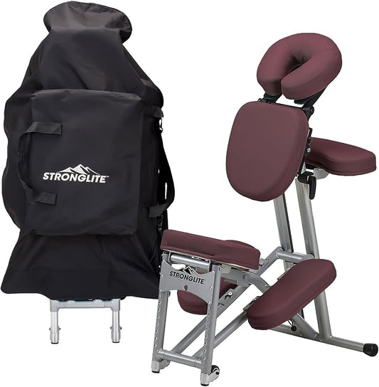 STRONGLITE Portable Massage Chair Ergo Pro II - Ultra-Strong, Lightweight, Foldable Tattoo Spa Chair with Wheels & Carry Case (600lbs Working Weight), Burgundy