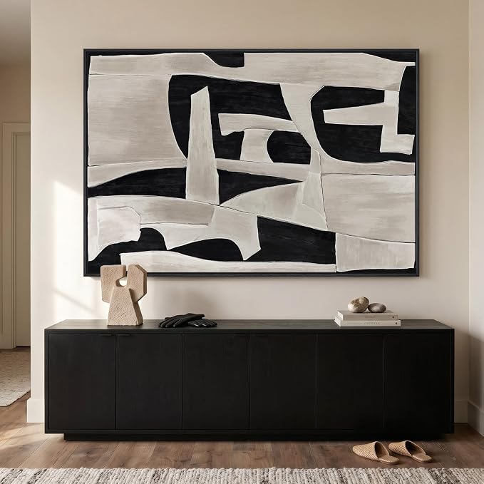 Extra Large Framed Black and White Abstract Wall Art for Living Room, Modern Canvas Prints Paintings Artwork for Walls, Minimalist Black Beige Pictures for Bedroom Dining Hallway Wall Decor 40x60 In