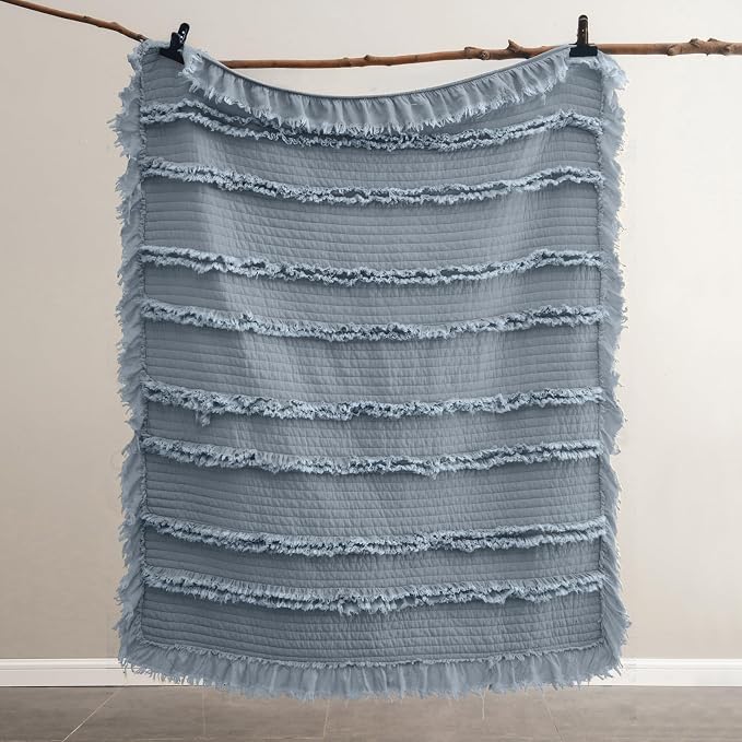 Ultra Soft Pre-Washed Quilted Boho Dark Blue Twin Size Blankets for Bed, Ruffle Fringed Decorative Throw, Stone Washed Chic Rustic Blanket for Sofa Couch Bed, 60"*80"