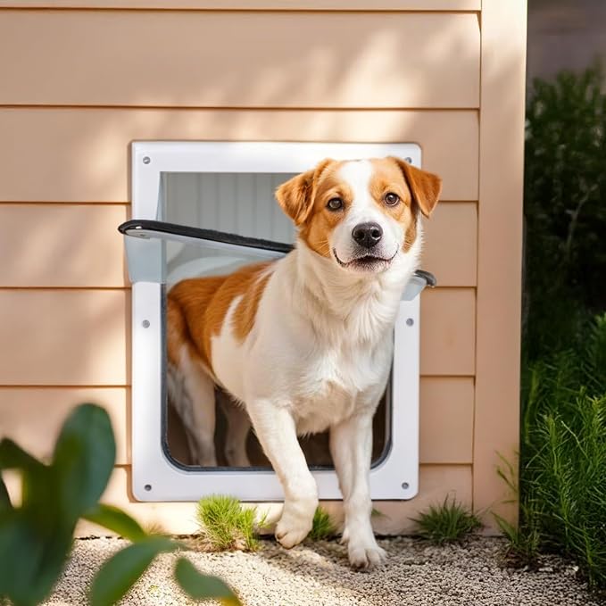 PAWISE 2 Way Dog Door, Lockable Dog Flap with Flexible Transparent Flap, Weatherproof & Easy Install Pet Door with Solid Metal Panel, Energy-Efficient Design Doggy Door for Large Dogs(15.3"x12.2")